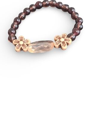Rose Quartz & Brown Pearl Stretch Bracelet with Floral Accents